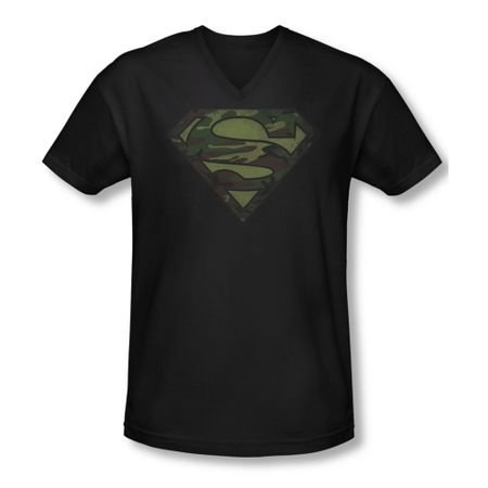 Superman Shirt Slim Fit V-Neck Camo Logo Distressed Black T-Shirt
