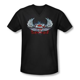 Superman Shirt Slim Fit V-Neck Chrome Wings Black T-Shirt