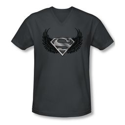 Superman Shirt Slim Fit V-Neck Dirty Wings Charcoal T-Shirt