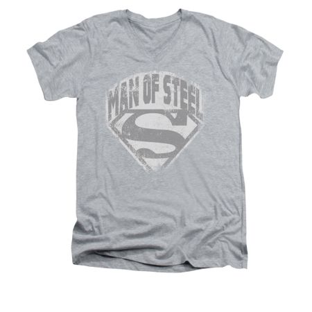Superman Shirt Slim Fit V-Neck Distressed Man Of Steel Athletic Heather T-Shirt