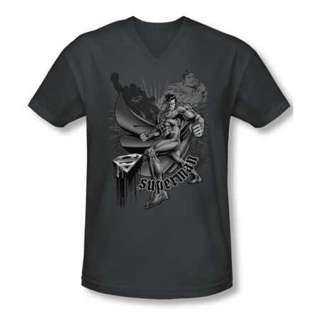Superman Shirt Slim Fit V-Neck Fight And Flight Charcoal T-Shirt