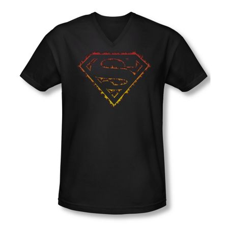 Superman Shirt Slim Fit V-Neck Flame Outlined Black T-Shirt