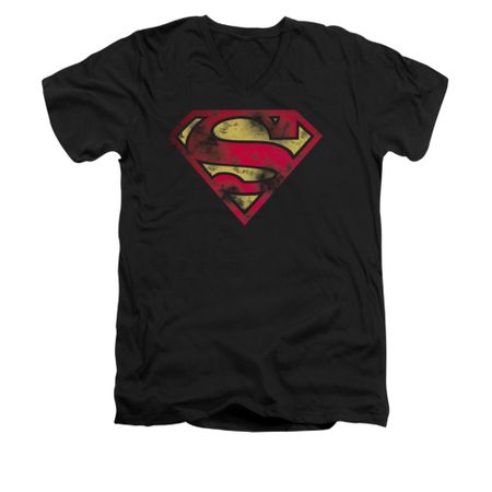 Superman Shirt Slim Fit V-Neck War Torn Shield Black T-Shirt