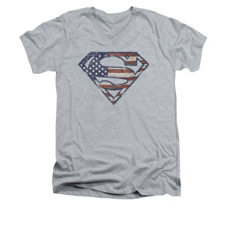 Superman Shirt Slim Fit V-Neck Wartorn Flag Shield Athletic Heather T-Shirt