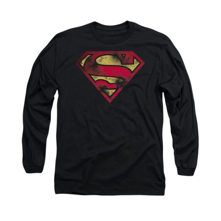 Superman Shirt War Torn Shield Long Sleeve Black Tee T-Shirt