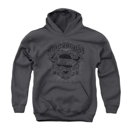 Superman Youth Hoodie Scrolling Shield Charcoal Kids Hoody