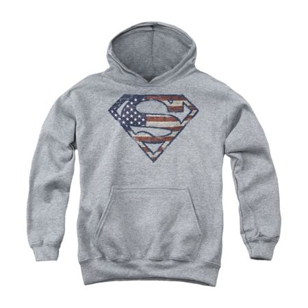 Superman Youth Hoodie Wartorn Flag Shield Athletic Heather Kids Hoody