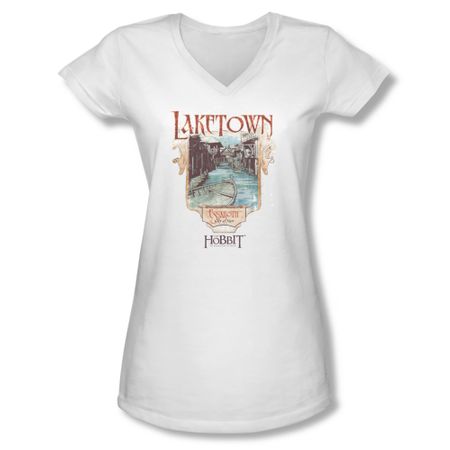 The Hobbit Desolation Of Smaug Shirt Juniors V Neck Laketown White Tee T-Shirt
