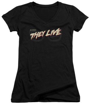 They Live  Juniors V Neck Shirt Glasses Logo Black T-Shirt