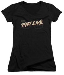 They Live Juniors V Neck Shirt Glasses Logo Black T-Shirt They Live Juniors V Neck Shirt Glasses Logo Black T-Shirt