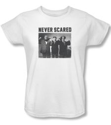 Three Stooges Ladies Shirt Never Scared White Tee T-Shirt