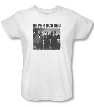 Three Stooges Ladies Shirt Never Scared White Tee T-Shirt