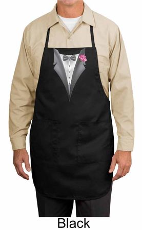 Tuxedo Apron With Pink Flower Funny Adult Full Length Apron