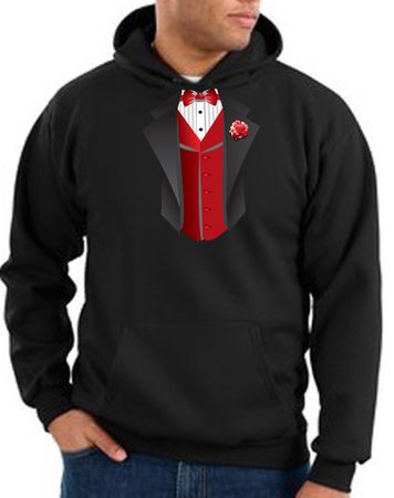 Tuxedo Hoodie Hoody Sweatshirt With Red Vest - Black