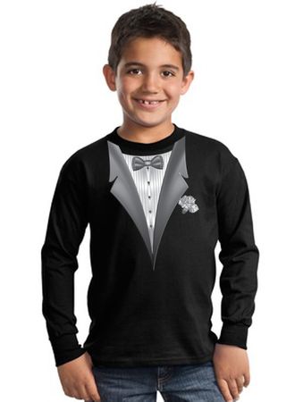 Tuxedo Kids T-shirt With White Flower  Long Sleeve Youth Tee - Black
