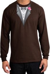 Tuxedo T-shirt Long Sleeve with Pink Flower - Brown