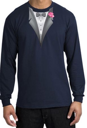 Tuxedo T-shirt Long Sleeve with Pink Flower - Navy Blue