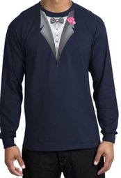 Tuxedo T-shirt Long Sleeve with Pink Flower - Navy Blue