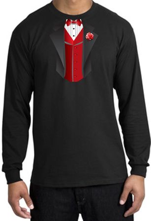 Tuxedo T-shirt Long Sleeve With Red Vest - Black