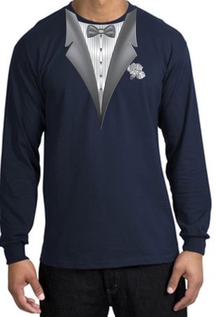 Tuxedo T-shirt Long Sleeve With White Flower - Navy Blue