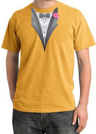 Tuxedo T-shirt Pigment Dyed With Pink Flower - Mustard