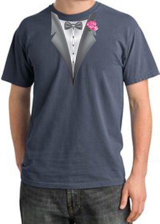 Tuxedo T-shirt Pigment Dyed With Pink Flower - Scotland Blue