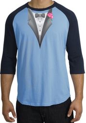 Tuxedo T-Shirt Raglan With Pink Flower - Carolina Blue/Navy