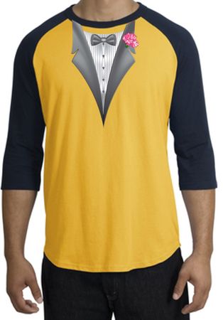 Tuxedo T-Shirt Raglan With Pink Flower - Gold/Navy
