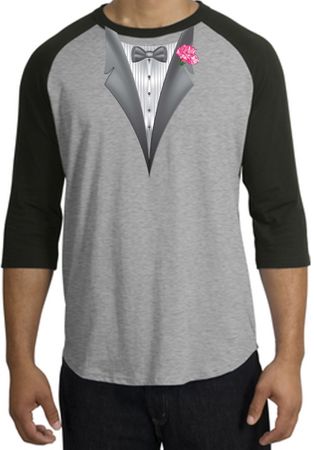 Tuxedo T-Shirt Raglan With Pink Flower - Heather Grey/Black