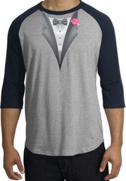Tuxedo T-Shirt Raglan With Pink Flower - Heather Grey/Navy