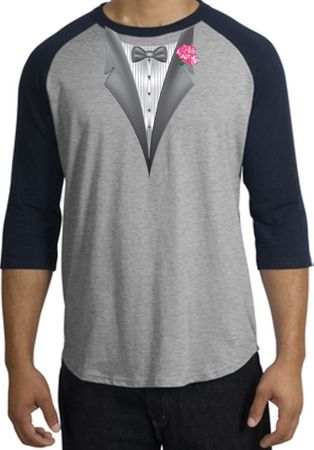 Tuxedo T-Shirt Raglan With Pink Flower - Heather Grey/Navy