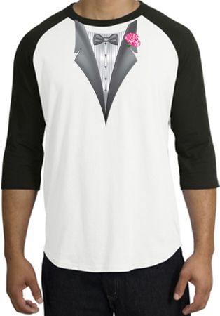 Tuxedo T-Shirt Raglan With Pink Flower - White/Black