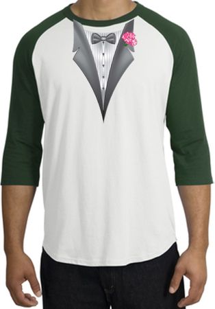 Tuxedo T-Shirt Raglan With Pink Flower - White/Forest