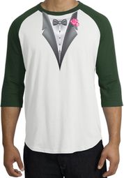 Tuxedo T-Shirt Raglan With Pink Flower - White/Forest