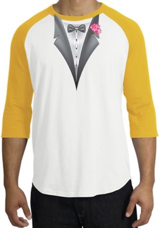 Tuxedo T-Shirt Raglan With Pink Flower - White/Gold