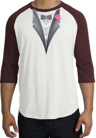 Tuxedo T-Shirt Raglan With Pink Flower - White/Maroon