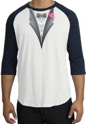 Tuxedo T-Shirt Raglan With Pink Flower - White/Navy