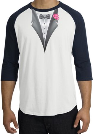 Tuxedo T-Shirt Raglan With Pink Flower - White/Navy