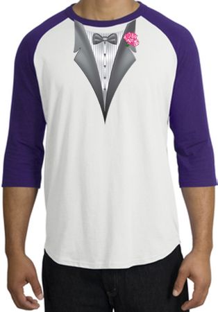 Tuxedo T-Shirt Raglan With Pink Flower - White/Purple