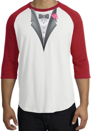 Tuxedo T-Shirt Raglan With Pink Flower - White/Red
