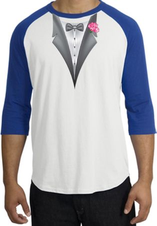 Tuxedo T-Shirt Raglan With Pink Flower - White/Royal