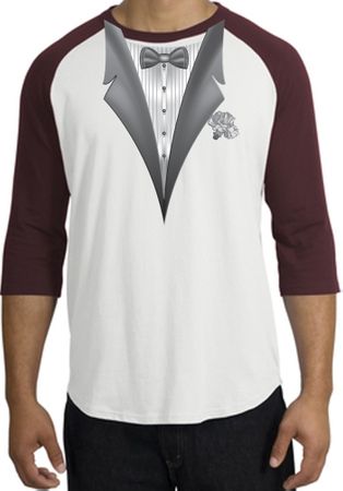 Tuxedo T-Shirt Raglan With White Flower - White/Maroon