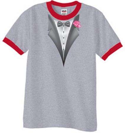 Tuxedo T-Shirt Ringer With Pink Flower - Heather Grey/Red