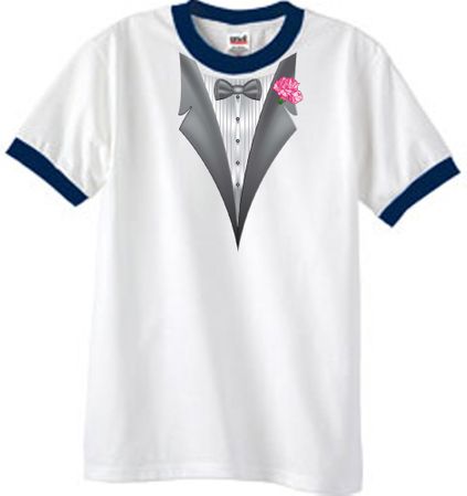 Tuxedo T-Shirt Ringer With Pink Flower - White/Navy