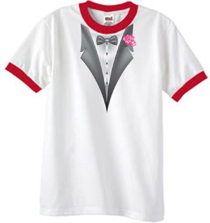 Tuxedo T-Shirt Ringer With Pink Flower - White/Red