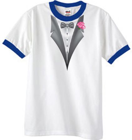 Tuxedo T-Shirt Ringer With Pink Flower - White/Royal