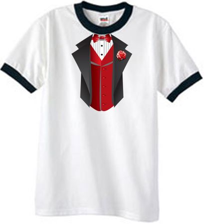 Tuxedo T-Shirt Ringer With Red Vest - White/Black