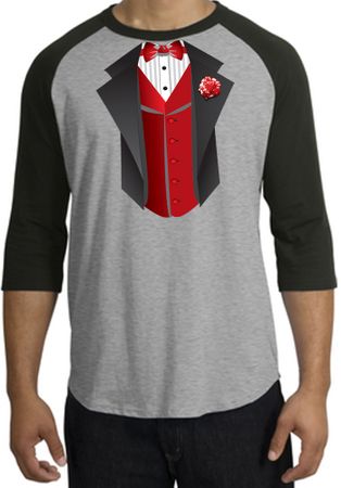 Tuxedo T-shirts Raglan With Red Vest - Heather Grey/Black