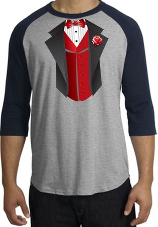 Tuxedo T-shirts Raglan With Red Vest - Heather Grey/Navy