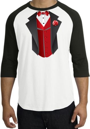 Tuxedo T-shirts Raglan With Red Vest - White/Black